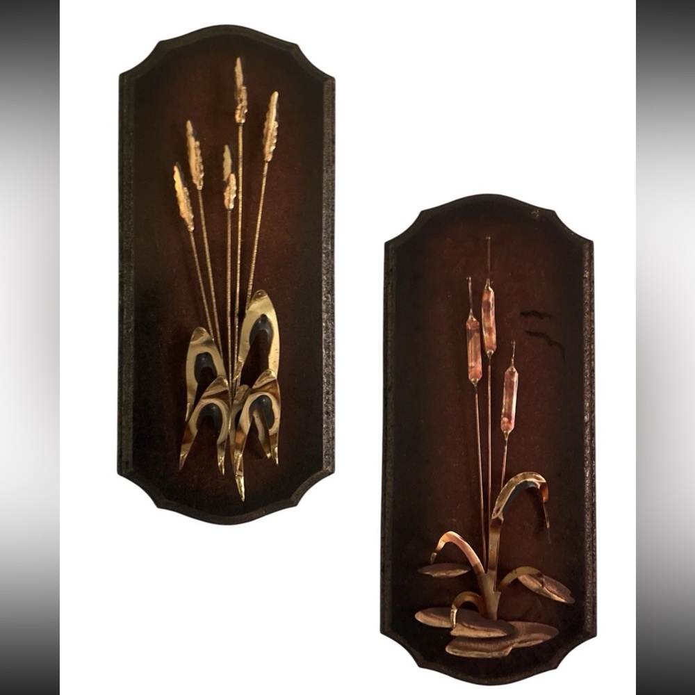 Vintage Set of 2 MCM  Metal Art Jere Copper Brass Cattail Wheat 18" Wall Plaques
